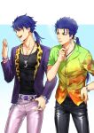  2boys alternate_costume animal_print blue_hair bracelet changye cigarette cu_chulainn_(fate) cu_chulainn_(fate/prototype) cu_chulainn_(fate/stay_night) dual_persona earrings fate/grand_order fate/hollow_ataraxia fate_(series) hair_between_eyes hawaiian_shirt holding holding_cigarette jewelry leather leather_pants leopard_print long_hair male_focus multiple_boys necklace pants ponytail red_eyes ring shiny shiny_clothes shirt snake_print 