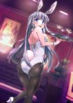  1girl absurdres animal_ears ass bare_shoulders blue_eyes blush breasts dutch_angle highres long_hair looking_at_viewer medium_breasts mishido_sun open_mouth original pantyhose playboy_bunny rabbit_ears rabbit_tail shoulder_blades sideboob silver_hair solo standing standing_on_one_leg tail tray white_footwear 