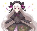  1girl :d black_bow black_bowtie black_capelet black_dress black_headwear blush bow bowtie capelet cowboy_shot dress fate/grand_order fate_(series) fur-trimmed_capelet fur_trim grey_hair hair_bow hat jalm long_hair long_sleeves looking_at_viewer nursery_rhyme_(fate) parted_lips pink_eyes smile solo standing very_long_hair 