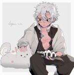  1boy absurdres black_eyes black_pants black_shirt border chinese_commentary closed_mouth collarbone commentary_request dog feet_out_of_frame flower_(symbol) food grey_background grey_hair haori highres holding holding_food jacket japanese_clothes kimetsu_no_yaiba leaf long_sleeves male_focus onigiri pants pectorals petting scar scar_on_chest scar_on_face shinazugawa_sanemi shirt short_hair signature sitting smile solo taowu_(20809) white_border white_jacket 