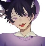  1boy animal_ear_fluff animal_ears bangs beret black_hair cat_boy cat_ears collared_shirt commission english_commentary genderswap genderswap_(ftm) hand_in_hair hat highres indie_virtual_youtuber lebonae male_focus open_mouth portrait purple_headwear purple_sweater second-party_source shimotsuki_miri shirt smile solo sweater tongue tongue_out violet_eyes virtual_youtuber white_background white_shirt 