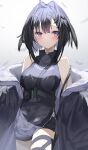 1girl absurdres ahoge arknights bangs black_coat black_dress black_feathers black_hair black_shorts blue_eyes blurry blurry_background blush breasts coat commentary dress feather_hair feathers film_grain fur-trimmed_coat fur_trim hair_wings highres la_pluma_(arknights) looking_at_viewer medium_breasts off_shoulder open_clothes open_coat short_hair shorts simple_background sleeveless sleeveless_dress solo sutei_(arece15) thigh_strap white_background 