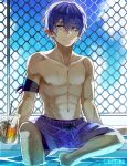  1boy armband blue_sky boku_no_hero_academia chain-link_fence collarbone cup day dripping expressionless fence hair_between_eyes hair_down holding holding_cup long_bangs male_focus male_swimwear pool pov purple_hair purple_shorts shinsou_hitoshi short_hair shorts sitting sky solo swim_trunks tonbanlove topless_male twitter_username violet_eyes water_drop wet wet_hair 