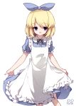  1girl absurdres alice_(black_souls) apron bangs black_ribbon black_souls blonde_hair blue_dress blue_ribbon buttons clothes_lift collared_dress dress dress_lift flat_chest frilled_apron frilled_sleeves frills hair_between_eyes hair_ribbon highres lifted_by_self looking_at_viewer open_mouth puffy_short_sleeves puffy_sleeves pupa_jiang purple_pupils ribbon short_hair short_sleeves simple_background solo violet_eyes white_apron white_background 