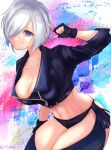  1girl angel_(kof) black_jacket blue_eyes bra breasts chaps cropped_jacket finger_horns fingerless_gloves gloves hair_over_one_eye highres index_fingers_raised jacket large_breasts leather leather_jacket looking_at_viewer midriff mixx-to navel snk strapless strapless_bra the_king_of_fighters the_king_of_fighters_xiv toned underwear white_hair 