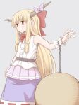  1girl ball_and_chain_restraint black_sash blonde_hair bow bowtie brown_eyes chain closed_mouth grey_background hair_bow horn_bow horn_ornament horns ibuki_suika long_hair poronegi purple_bow purple_skirt red_bow red_bowtie sash shirt simple_background skirt solo standing touhou white_shirt 