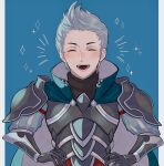  1boy armor closed_eyes collared_shirt fire_emblem fire_emblem_fates grey_hair hands_on_hips highres laughing male_focus ninisanka_4 open_mouth shirt silas_(fire_emblem) solo turtleneck upper_body 