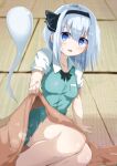 absurdres bad_perspective blanket blue_eyes breasts commentary_request daru_(kumakumadon) dress feet_out_of_frame green_dress highres konpaku_youmu konpaku_youmu_(ghost) looking_at_viewer open_mouth shiny shiny_skin small_breasts steam steaming_body thighs touhou white_hair 