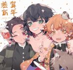  3boys absurdres agatsuma_zenitsu animal_on_head bird bird_on_head black_hair black_jacket black_nails brown_hair chinese_commentary closed_mouth collarbone commentary_request cup dated drink drinking_glass earrings food food_on_face gakuran green_eyes grin haori hashibira_inosuke highres holding holding_drink jacket japanese_clothes jewelry kamado_nezuko kamado_tanjirou kimetsu_no_yaiba long_sleeves looking_at_viewer male_focus multiple_boys on_head one_eye_closed open_mouth orange_eyes orange_hair orange_nails pink_eyes scar scar_on_face scar_on_forehead school_uniform short_hair simple_background smile sparkle taowu_(20809) tearing_up teeth topless_male upper_body upper_teeth white_background 