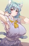  1girl animal_ear_fluff animal_ears armpits belt blue_hair blush bow_(bhp) bracelet breasts cat_ears cat_girl cat_tail closed_mouth dress jewelry large_breasts looking_at_viewer original purple_dress red_eyes simple_background sleeveless sleeveless_dress solo tail 