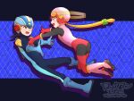  1boy 1girl arikindows10 ass blonde_hair bodysuit boots full_body gloves green_eyes helmet leotard mega_man_(series) mega_man_battle_network megaman.exe netnavi open_mouth pink_bodysuit pink_footwear pink_leotard roll.exe_(mega_man) smile thigh-highs 