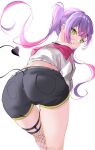  1girl ass ass_focus bangs bent_over black_shorts blush demon_tail fishnet_legwear fishnets floating_hair from_behind green_eyes highres hololive looking_at_viewer looking_back meron_no_kawa multicolored_hair open_mouth pink_hair purple_hair shiny shiny_hair short_shorts shorts simple_background solo tail thigh_gap thigh_strap thighs tokoyami_towa virtual_youtuber white_background 