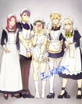  5boys agravain_(fate) alternate_costume apron apron_pull bedivere_(fate) blush changye crossdressing embarrassed enmaided facepalm fate/grand_order fate_(series) gawain_(fate) knights_of_the_round_table_(fate) lancelot_(fate/grand_order) long_skirt maid maid_headdress miniskirt multiple_boys pantyhose skirt thigh-highs tristan_(fate) 