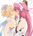  2girls animal_ears bare_shoulders blonde_hair blush breasts closed_eyes detached_sleeves electricity flower fox_ears fox_girl genshin_impact hair_flower hair_ornament hand_on_another&#039;s_shoulder highres japanese_clothes kiss long_hair lumine_(genshin_impact) miko multiple_girls pink_hair scarf shiben_(ugvu5784) simple_background upper_body vambraces violet_eyes white_background white_scarf yae_miko yuri 