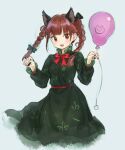  1girl :3 ama-tou animal_ear_fluff animal_ears balloon black_bow black_nails blue_background bow bowtie braid cat cat_ears cropped_legs dress extra_ears fang green_dress kaenbyou_rin nail_polish open_mouth red_bow red_bowtie red_eyes redhead rope simple_background slit_pupils smile solo touhou twin_braids 