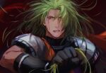  1boy achilles_(fate) blood blood_from_eyes blood_on_face changye fate/grand_order fate_(series) gloves green_hair hair_down holding holding_hair long_hair male_focus messy_hair red_eyes solo 