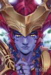  1girl armor artist_name bangs bekkomi blue_skin blurry blurry_background closed_mouth collarbone colored_sclera colored_skin crying hand_up helmet highres holding league_of_legends looking_at_viewer orange_eyes orange_sclera shyvana slit_pupils smile solo tears 