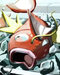  black_eyes commentary_request fish giant highres ice magikarp no_humans open_mouth pokemon pokemon_(creature) regice splashing suchi_(fsur7444) tongue yellow_eyes 