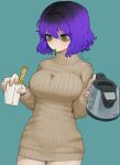  1girl blue_background blush breasts closed_mouth cowboy_shot cup disposable_cup dress fingernails green_eyes highres holding indie_virtual_youtuber large_breasts medium_hair mouth_hold podone purple_hair ribbed_sweater signature simple_background slit_pupils solo sparrowl stained_clothes standing sweater sweater_dress 
