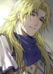  1boy armor blonde_hair blue_eyes blue_scarf changye chiron_(fate) eyelashes fate/apocrypha fate/grand_order fate_(series) long_hair looking_down male_focus scarf solo 