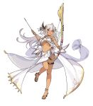  1girl absurdres ahoge bare_shoulders bow_(weapon) breasts dancing_archer_tinia dark_skin eyebrows_visible_through_hair full_body game_cg guardian_tales hair_ornament highres holding holding_weapon long_hair looking_at_viewer navel no_bra official_art open_mouth red_eyes silver_hair smile strapless thighs transparent_background under_boob weapon white_hair 