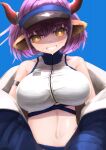  1girl absurdres animal_ears arknights arm_strap bangs bare_shoulders bikini blue_background blue_jacket breasts brown_eyes commentary_request eyebrows_visible_through_hair grin highres horns jacket large_breasts looking_at_viewer navel off_shoulder open_clothes open_jacket partial_commentary purple_hair short_hair sideroca_(arknights) sideroca_(light_breeze)_(arknights) simple_background smile solo stomach swimsuit tadaosamuumi upper_body visor_cap white_bikini 