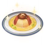  artist_request commentary english_commentary food food_focus genshin_impact lowres mushroom no_humans noodles official_art plate soup sparkle still_life third-party_source transparent_background 