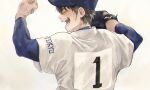  1boy ace_of_diamond arms_up back bangs baseball_cap baseball_jersey baseball_mitt baseball_uniform blue_shirt brown_hair clenched_hand closed_eyes hat highres male_focus open_mouth sawamura_eijun shirt short_hair smile solo sportswear taichi01 upper_body 