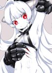  1girl abyssal_ship ahoge armpits breasts colored_skin covered_nipples eyebrows_visible_through_hair gauntlets injury kantai_collection long_hair nassukun navel new_battleship_princess red_eyes small_breasts solo upper_body white_hair white_skin 