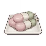  artist_request commentary dango english_commentary food food_focus genshin_impact lowres muted_color no_humans official_art plate sanshoku_dango shiny skewer still_life third-party_source transparent_background wagashi 