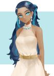  1girl bare_arms beads black_hair blue_eyes blue_hair closed_mouth commentary_request dark-skinned_female dark_skin dress earclip earrings hair_bun highres jewelry long_hair looking_at_viewer makeup multicolored_hair nessa_(pokemon) pokemon pokemon_(game) pokemon_swsh rese_(mohumohumohun) solo two-tone_hair yellow_belt 