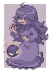  1girl @_@ ahoge an-chan_(ananna0315) bangs border commentary_request dress gastly hair_between_eyes hairband hex_maniac_(pokemon) highres holding holding_poke_ball kneeling long_hair long_sleeves open_mouth outside_border poke_ball poke_ball_(basic) pokemon pokemon_(creature) pokemon_(game) pokemon_xy purple_dress purple_footwear purple_hair purple_hairband shiny shiny_hair shoes smile violet_eyes white_border 