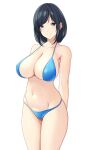  1girl absurdres arms_behind_back bangs bare_legs bikini black_hair blue_bikini blue_eyes blush breasts closed_mouth collarbone commentary commentary_request eyebrows_visible_through_hair highres large_breasts long_hair looking_at_viewer marui_koishi navel original short_hair simple_background smile solo standing stomach swept_bangs swimsuit white_background 
