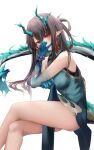  1girl arknights bangs bare_shoulders black_hair blue_dress china_dress chinese_clothes crossed_legs dragon_girl dragon_horns dragon_tail dress dusk_(arknights) dusk_(everything_is_a_miracle)_(arknights) from_side highres horns long_hair looking_at_viewer pelvic_curtain pointy_ears red_eyes ru_zhai simple_background sleeveless sleeveless_dress solo tail thighs white_background 
