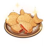  artist_request biscuit_(bread) commentary english_commentary food food_focus genshin_impact lowres no_humans official_art plate sparkle still_life third-party_source transparent_background 
