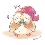  =3 animal_focus beanie bird closed_eyes closed_mouth commentary_request full_body hat hatted_pokemon highres kotone11152 no_humans owl pokemon pokemon_(creature) purple_headwear rowlet solo standing twitter_username 