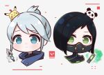 2girls :3 animal_on_head black_hair blue_eyes blush blush_stickers bob_cut chibi closed_mouth commentary_request cropped_shoulders crossover green_eyes ixia_(ixia424) jett_(valorant) kunai looking_at_viewer looking_to_the_side mask mouth_mask multiple_girls on_head open_mouth panda pikachu pokemon pokemon_(creature) pokemon_on_head short_hair side-by-side sidelocks silver_hair smile valorant viper_(valorant) weapon white_background 