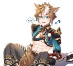  1boy animal_ears blackkdogg chinese_commentary chinese_text dog_boy dog_ears dog_tail fang genshin_impact gorou_(genshin_impact) highres looking_at_viewer male_focus midriff_peek open_mouth simple_background solo speech_bubble tail translation_request white_background 