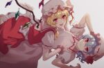  2girls :d ap5ry arms_up ascot back_bow bangs barefoot blonde_hair blue_hair bow closed_mouth crystal eyebrows_visible_through_hair fang flandre_scarlet frilled_shirt_collar frills girl_on_top hair_between_eyes hat hat_ribbon highres light_smile looking_at_viewer lying mob_cap multiple_girls on_back on_stomach one_side_up petticoat pink_headwear puffy_short_sleeves puffy_sleeves purple_hair red_eyes red_ribbon red_skirt red_vest remilia_scarlet ribbon short_hair short_sleeves siblings simple_background sisters skirt smile teeth toes tongue touhou vest white_background white_bow wings yellow_ascot 