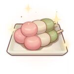  artist_request commentary dango english_commentary food food_focus genshin_impact lowres no_humans official_art plate sanshoku_dango shiny skewer sparkle still_life third-party_source transparent_background wagashi 
