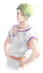  1boy achilles_(fate) alternate_costume changye chiton fate/apocrypha fate/grand_order fate_(series) green_hair hands_on_hips jewelry male_focus necklace smile solo upper_body yellow_eyes 