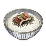  artist_request bowl commentary english_commentary fish_(food) food food_focus garnish genshin_impact leaf lowres muted_color no_humans official_art rice seaweed sesame_seeds still_life third-party_source transparent_background 