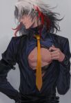  1boy black_hair changye contemporary duplicate fate/grand_order fate_(series) formal lipstick_mark male_focus multicolored_hair necktie odysseus_(fate) open_clothes open_shirt pectoral_cleavage pectorals pixel-perfect_duplicate redhead solo streaked_hair suit white_hair yellow_eyes 