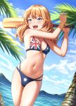  1girl absurdres bikini blander_mc blonde_hair blue_bikini blue_eyes blue_sky breasts clouds commentary_request commission cricket_bat day english_commentary flag_print highres long_hair medium_breasts mountain ocean open_mouth original outdoors palm_tree sky smile solo swimsuit teeth tree union_jack upper_teeth 
