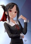  1girl black_hair black_shirt collarbone collared_shirt edchi highres kaguya-sama_wa_kokurasetai_~tensai-tachi_no_renai_zunousen~ long_sleeves looking_at_viewer neck_ribbon open_mouth red_eyes red_ribbon ribbon sailor_collar sailor_shirt shinomiya_kaguya shiny shiny_hair shirt short_hair shuuchiin_academy_uniform sidelocks solo upper_body white_sailor_collar 