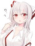 1girl ? bangs blush bow breasts collarbone collared_shirt commentary_request eyebrows_visible_through_hair food food_on_face fujiwara_no_mokou hair_between_eyes hand_up highres hiiro60 long_hair long_sleeves looking_away medium_breasts multicolored_bow open_mouth pointing red_bow red_eyes rice shirt silver_hair simple_background solo touhou upper_body white_background white_bow white_shirt 