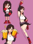  1girl ^_^ absurdres beer_mug belt breasts brown_hair closed_eyes cup earrings elbow_gloves english_commentary final_fantasy final_fantasy_vii fingerless_gloves full_body gloves highres holding holding_cup jeff_miga jewelry knee_up long_hair looking_at_viewer low-tied_long_hair mug navel red_eyes shouryuuken skirt smile solo suspenders tank_top tifa_lockhart tongue tongue_out uppercut 
