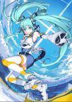  1girl aqua_eyes aqua_hair bangs blue_sky breasts clouds commentary_request detached_sleeves foreshortening full_body gloves grin hair_between_eyes hatsune_miku highres horizon long_hair looking_at_viewer medium_breasts mountain ocean outstretched_arm panko_(drive_co) pose sky smile snow solo thigh-highs twintails vocaloid water white_gloves yuki_miku zettai_ryouiki 