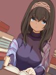 1girl black_hair blue_eyes book book_stack breasts commentary_request dutch_angle hairband idolmaster idolmaster_cinderella_girls large_breasts looking_at_viewer motomoufu_(p_blanket) open_book plaid_shawl purple_sweater reading sagisawa_fumika sitting solo sweater turtleneck turtleneck_sweater upper_body 
