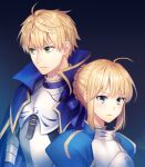  1boy 1girl ahegao armor arthur_pendragon_(fate) arthur_pendragon_(marchen_madchen) artoria_pendragon_(fate) back-to-back bangle belt blonde_hair bracelet braum_(league_of_legends) eyebrows_behind_hair eyebrows_visible_through_hair fate/grand_order fate/prototype fate/stay_night fate_(series) green_eyes hair_between_eyes jewelry looking_to_the_side saber short_hair upper_body yamigo 